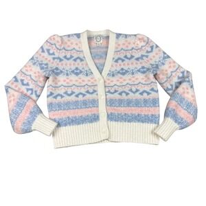 Blue Rain Cardigan Womens Small‎ Blue Pink Fair Isle Puff Shoulder